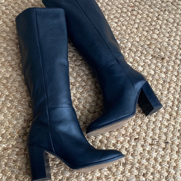 by Anthropologie Tall Black Leather Block Heel Boots. Size 7 - Picture 4 of 12